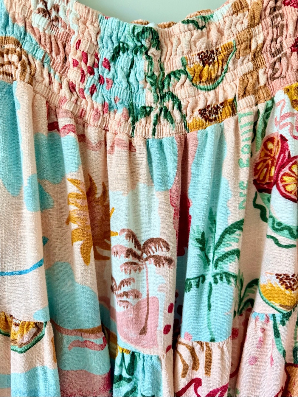 Paper Heart Smocked Waist Tropical Fruit Linen Blend Midi Skirt with Pockets - Picture 3 of 7